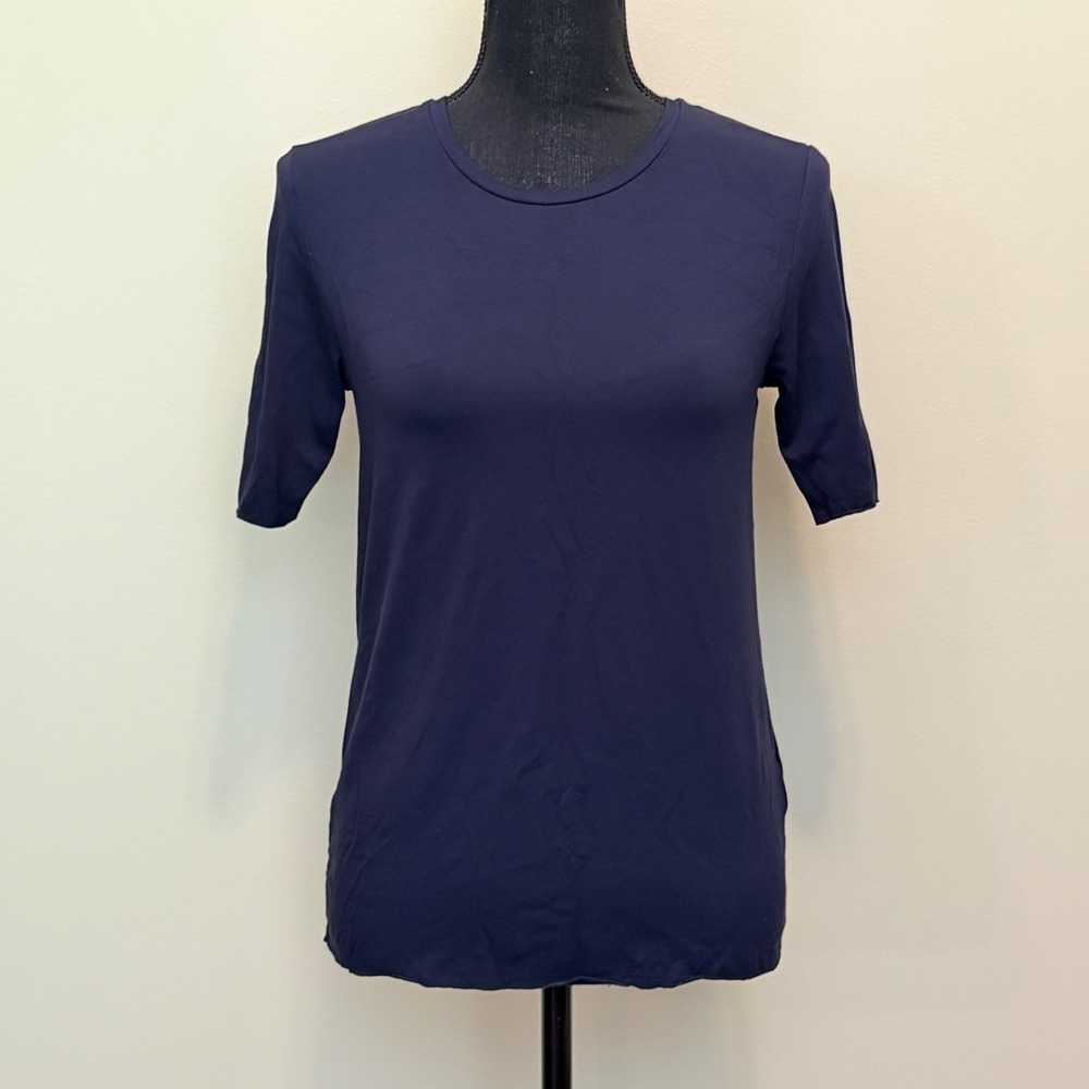 COS Navy Blue Viscose Crew Neck Short Sleeve T-Shirt Womens S Stretch Raw Hems